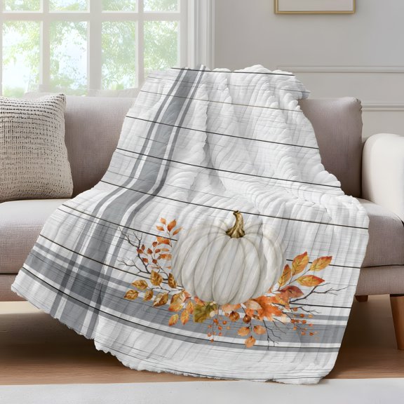 White Pumpkin Fall Fleece Throw Blanket for Couch, Thanksgiving Wooden Botanical Grey Striped Microfiber Flannel Blanket for All Season, Lightweight Soft Throw Blankets for Gifts, Home Decor, 32"x47"