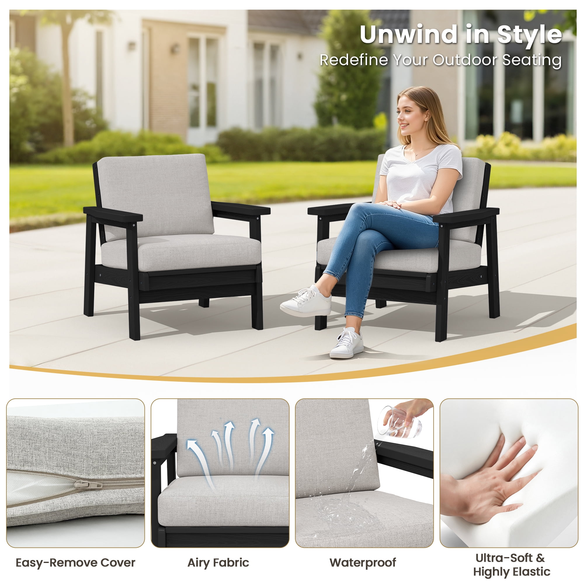 SERWALL 2PCS Outdoor HDPE Patio Couch Sets with Cushions, Weather-Resistant Patio Furniture for Poolside, Patio, Balcony, Porch & Backyard, Black / Khaki