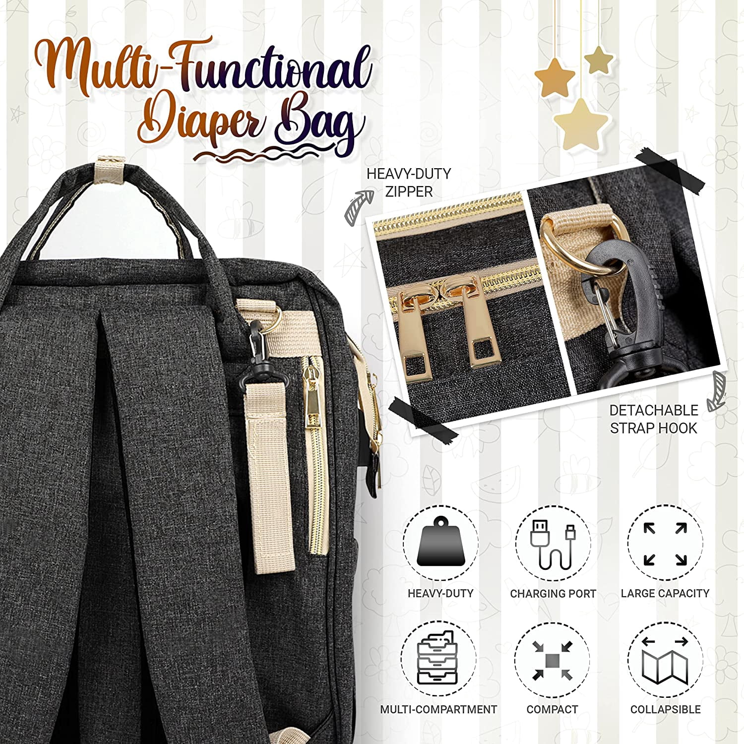Baby Diaper Bag with Changing Station – Diaper Bag Backpack and USB Port, Insulated Bottle Bag, Mosquito Net, Sunshade – Comfortable and Stylish with Practical Stroller Hooks (Black)