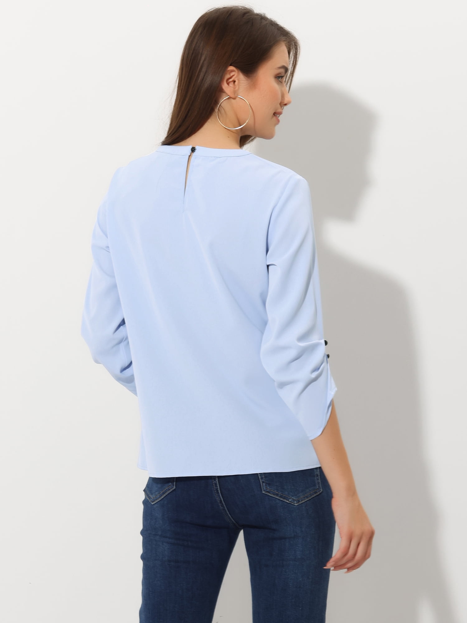 DARING DIVA Round Neck Keyhole Pleated Shirred Work Top XS Light Blue