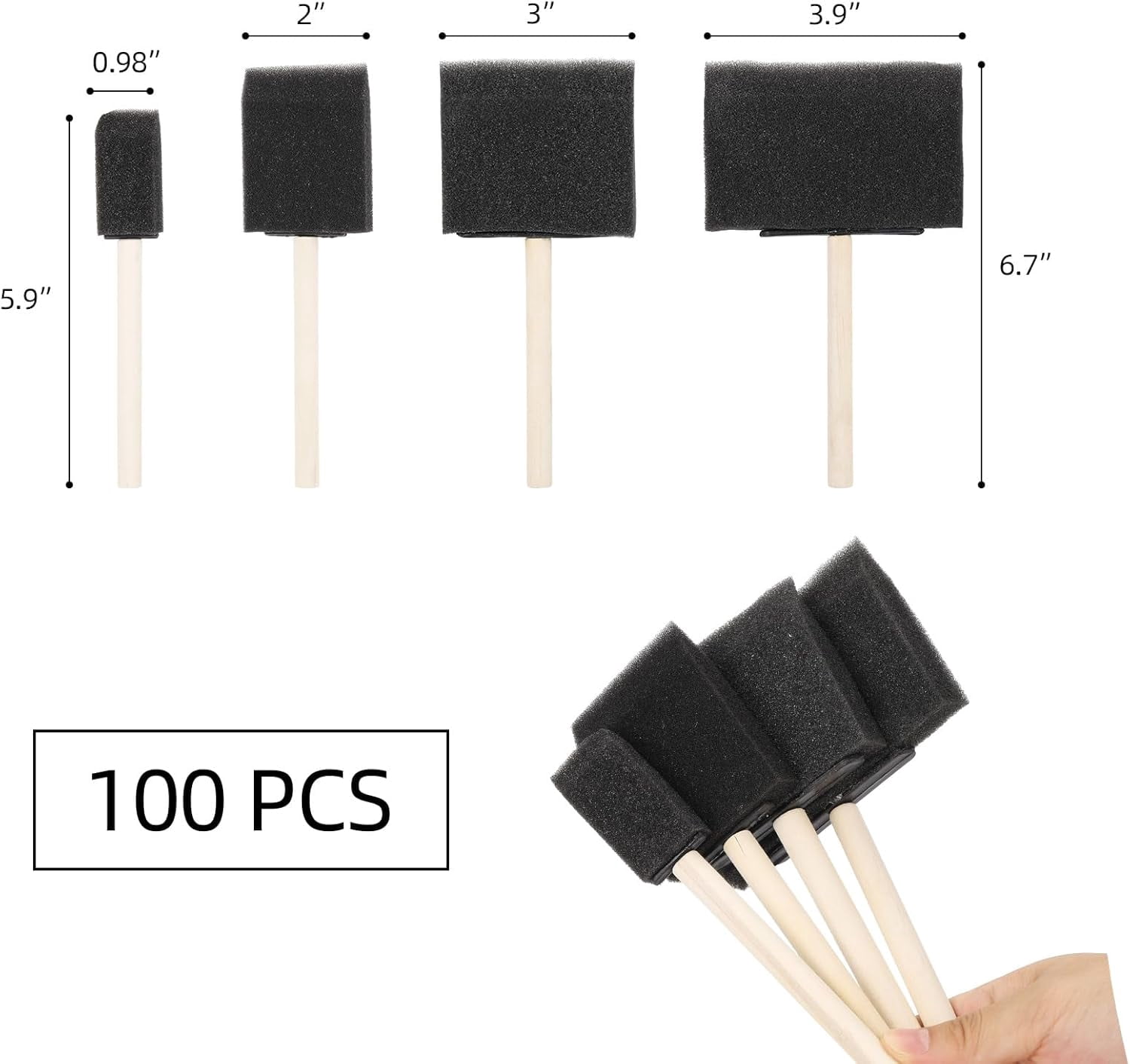 JJEAN-100 Pcs Foam Paint Brushes 4 Sizes Assorted Sponge Paint Brush Wood Handle Paint Brushes Set for Painting, Staining, Varnish, Clean and DIY Craft Projects(1'', 2'', 3''and 4“)