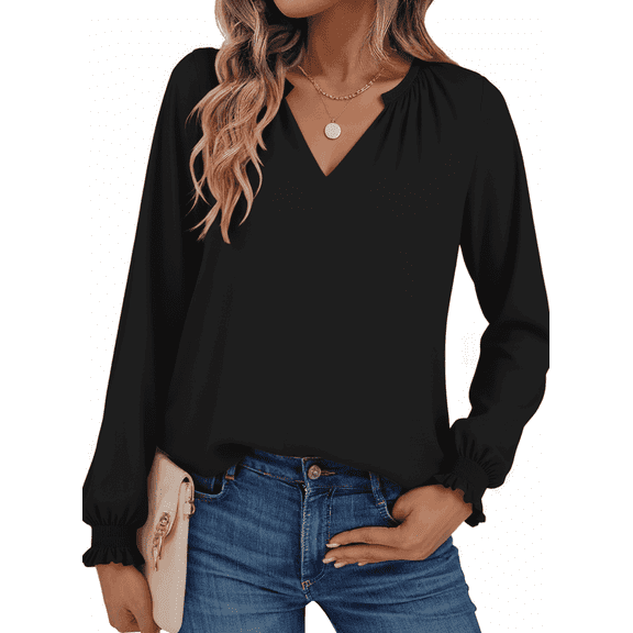 SOMER Blouses for Women Dressy Casual, Trendy V Neck Long Sleeve Shirts for Women, Elegant Casual Womens Fall Tops Pleated Cuffs 2025