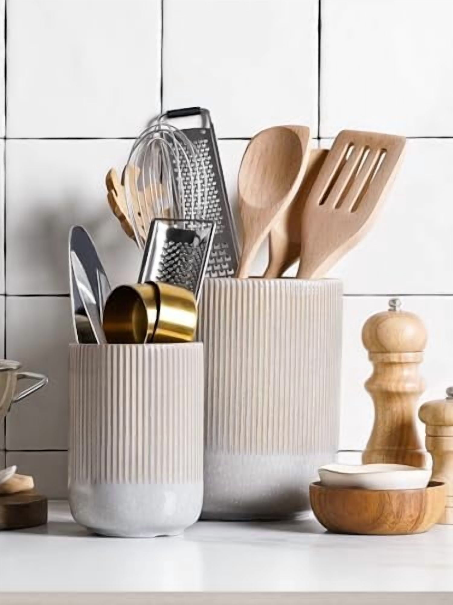 Utensil Holder for Kitchen Counter, 7.3"+5.4" Fluted Ceramic Utensil Crock Organizer for Countertop, Heavy Large Holder for Spatulas, Spoons, Set of 2, Gray Marble