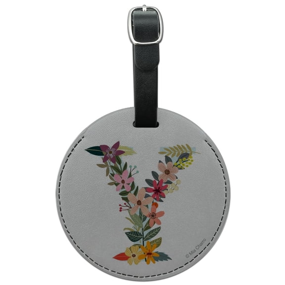 Letter Y Floral Monogram Initial Round Leather Luggage Card Suitcase Carry-On ID Tag