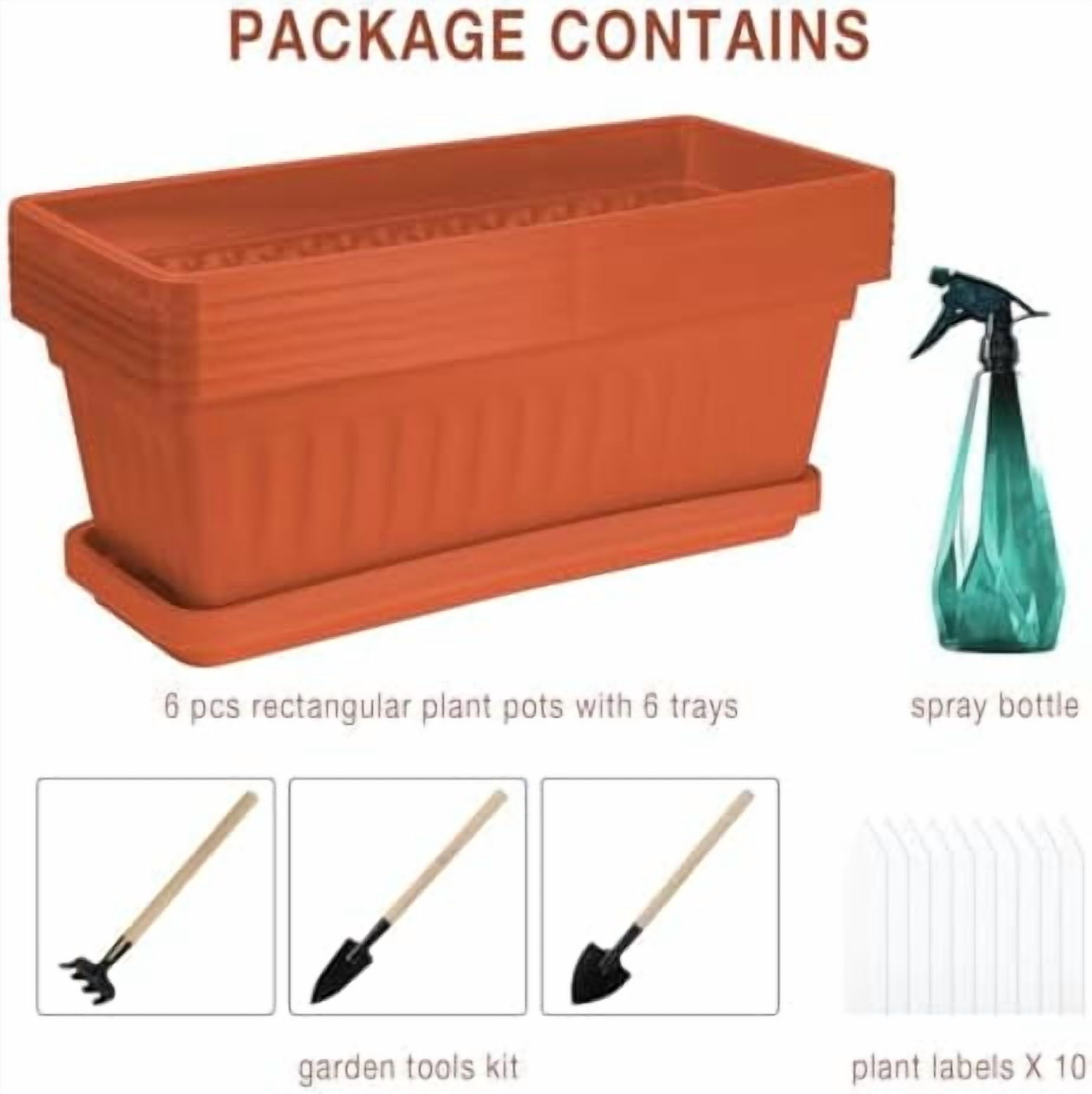 RibRave 6 Pack Window Box Planter, 17 inches Plastic Vegetable Flower Planter Boxes with Tray, Rectangular Indoor and Outdoor Flower Pots for Windowsill, Patio, Porch, Garden Balcony