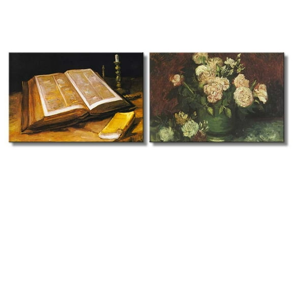 Wall26 - Still life Paintings of Books / Bowl with Peonies and Roses by Vincent Van Gogh - Oil Painting Reproduction in Set of 2 | Canvas Prints Wall Art, Ready to Hang - 16" x 24" x 2 Pane