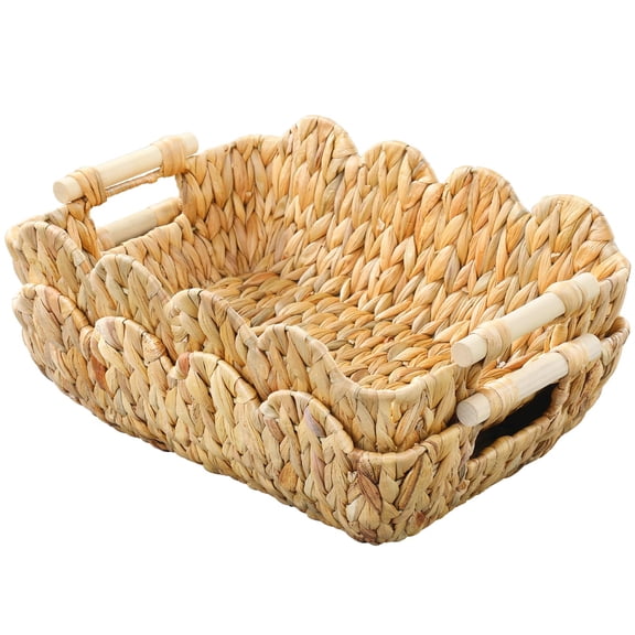 Water Hyacinth Wicker Baskets 2 Pack Scalloped Edge Rectangular Organizing and Decor