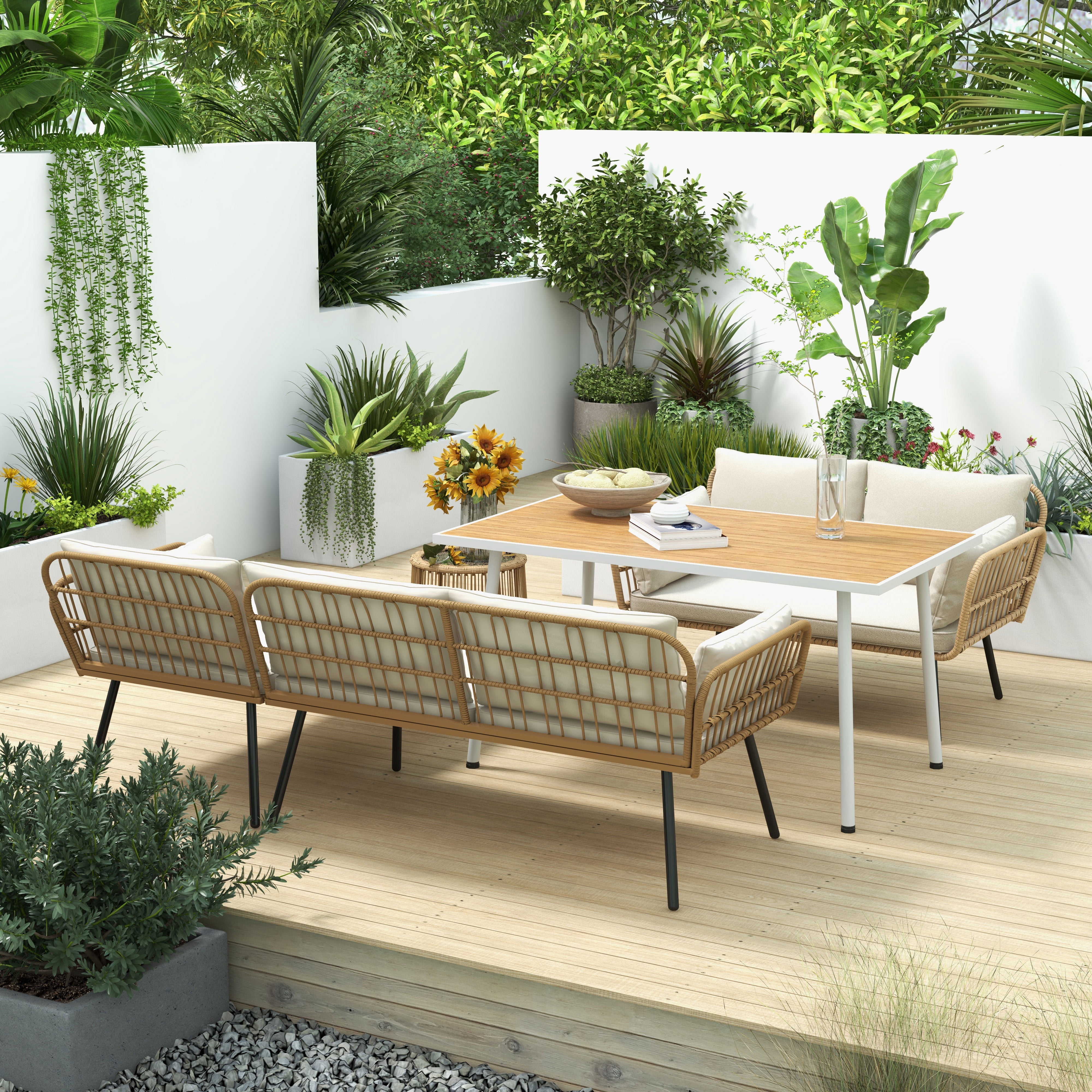 Uforic Patio Furniture Wicker Outdoor Bistro Set, All-Weather Rattan Conversation Loveseat Sofa Chairs and Rectangle Table with Umbrella Hole - Beige