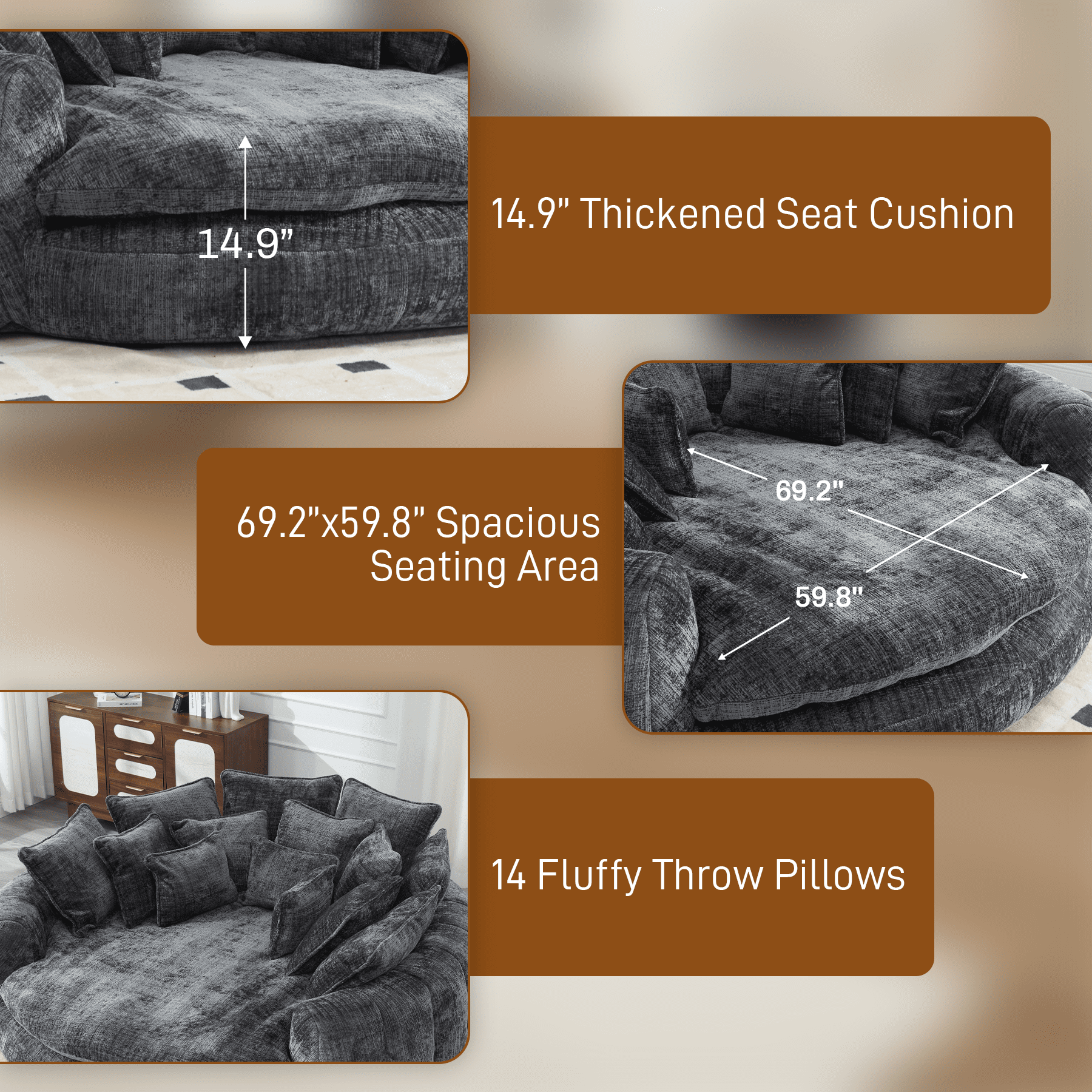 Rophefx 81.1" Oversized Round Chaise Lounge Sofa Bed,Fluffy Plush Cloud Couch with Deep Seat and 14 Pillows,Modern Comfy Couch for Living Room Apartment,Dark Grey