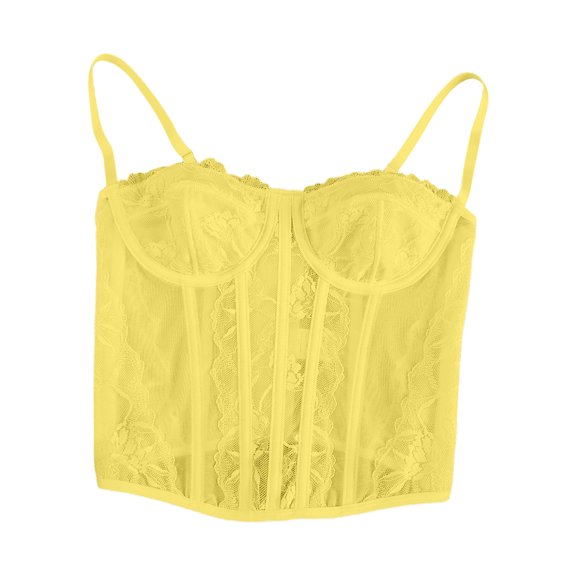 cocolona Push Up Cropped Overbust Corset Lace Floral Textured Sheer Bustier Solid Color Camisole Tops
