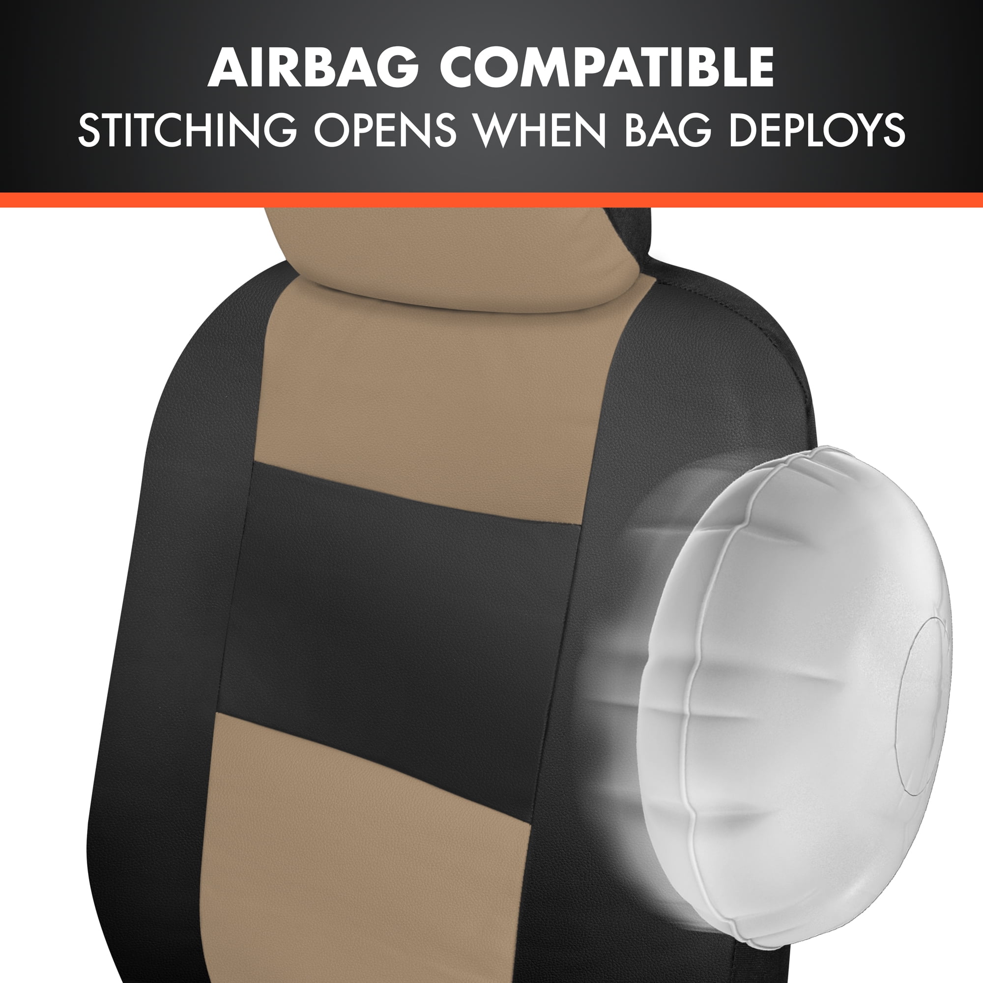 BDK Black & Beige Faux Leather Car Seat Cover Full Set - Front & Rear Split Bench Seat Covers For SUV & Truck Seat Protector, Airbag Compatible - Seat Covers for Cars & Interior Covers & Accessories