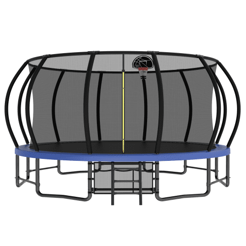 Leumius Trampolining Outdoor Trampoline, 16 ft Round Frame, 12 Curved Poles, Ladder & Basketball Hoop, 1323 lb Total Capacity, 330 lb Single User