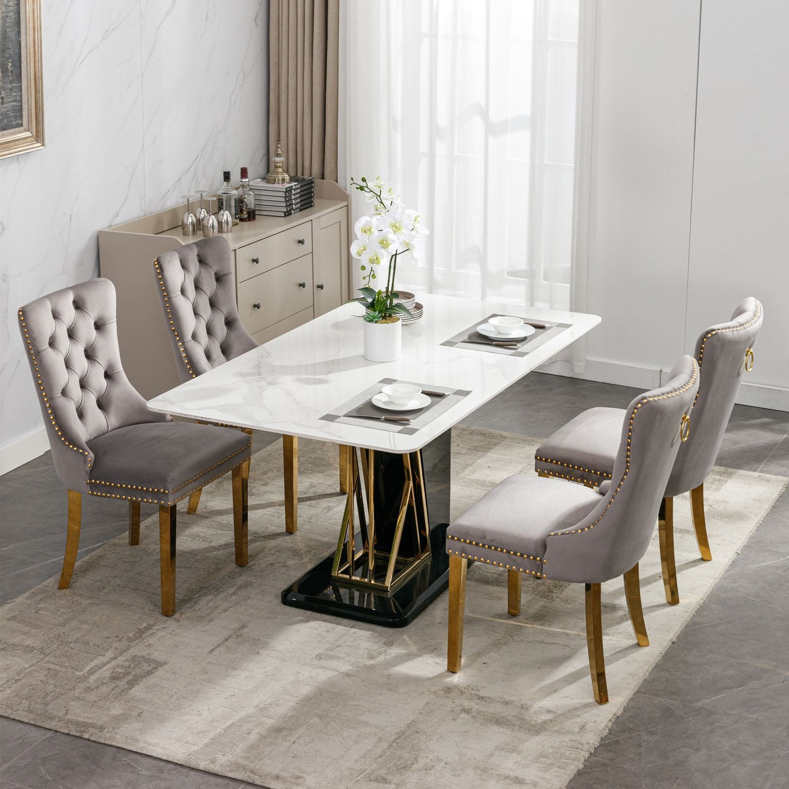 Dining Room Chairs with Velvet Fabric Dining Chairs with Golden Stainless Steel Plating Legs, Backrest and Button Velvet Fabric Design,Luxury Home Furniture for Dining Room(Gray Set of 6)