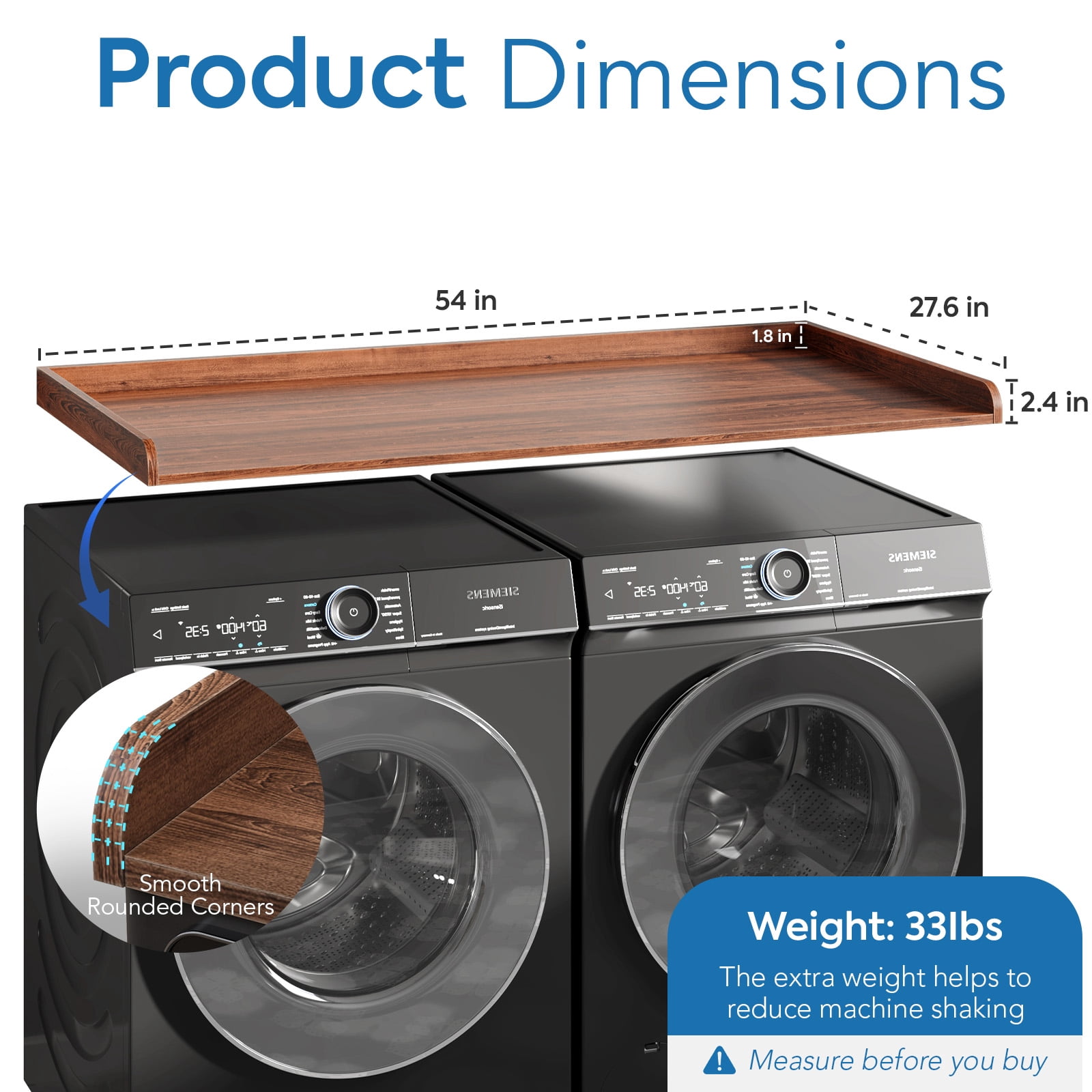 27.6" D x 54" W Wood Washer Dryer Countertop with Anti-Slip Pad, Laundry Room Organization Set, Dryer Covers for The Top with Edge Rails, Washer Dryer Topper for Laundry Room, Walnut