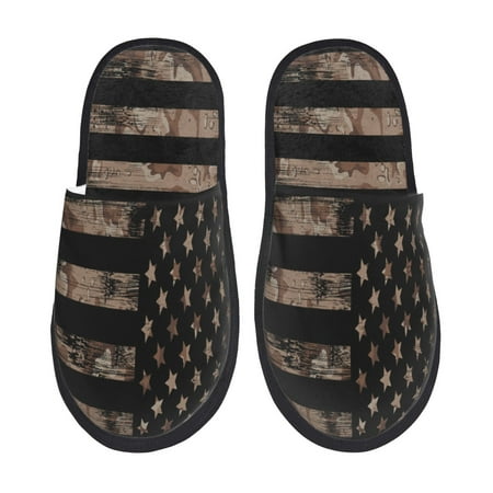 Balery American Flag with Desert Camouflage Slient Indoor Furry Fleece Comfort House Shoes Soft Non-Slip Home Shoes Cotton slippers House Slippers-- Medium