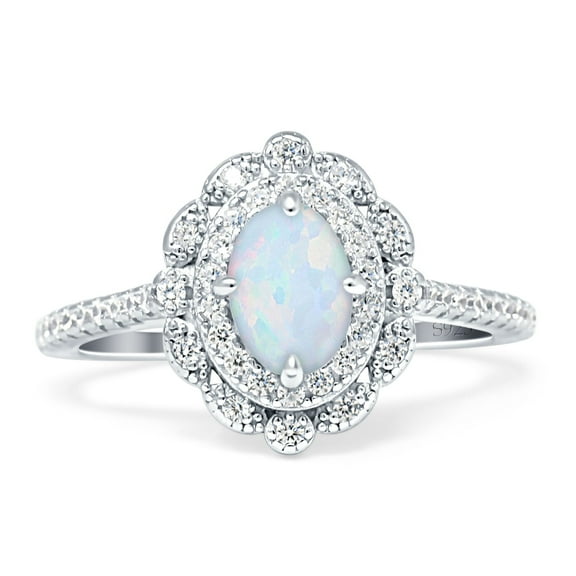 Blue Apple Jewelry Co. Floral Oval Vintage Women Engagement Ring White Opal 925 Sterling Silver