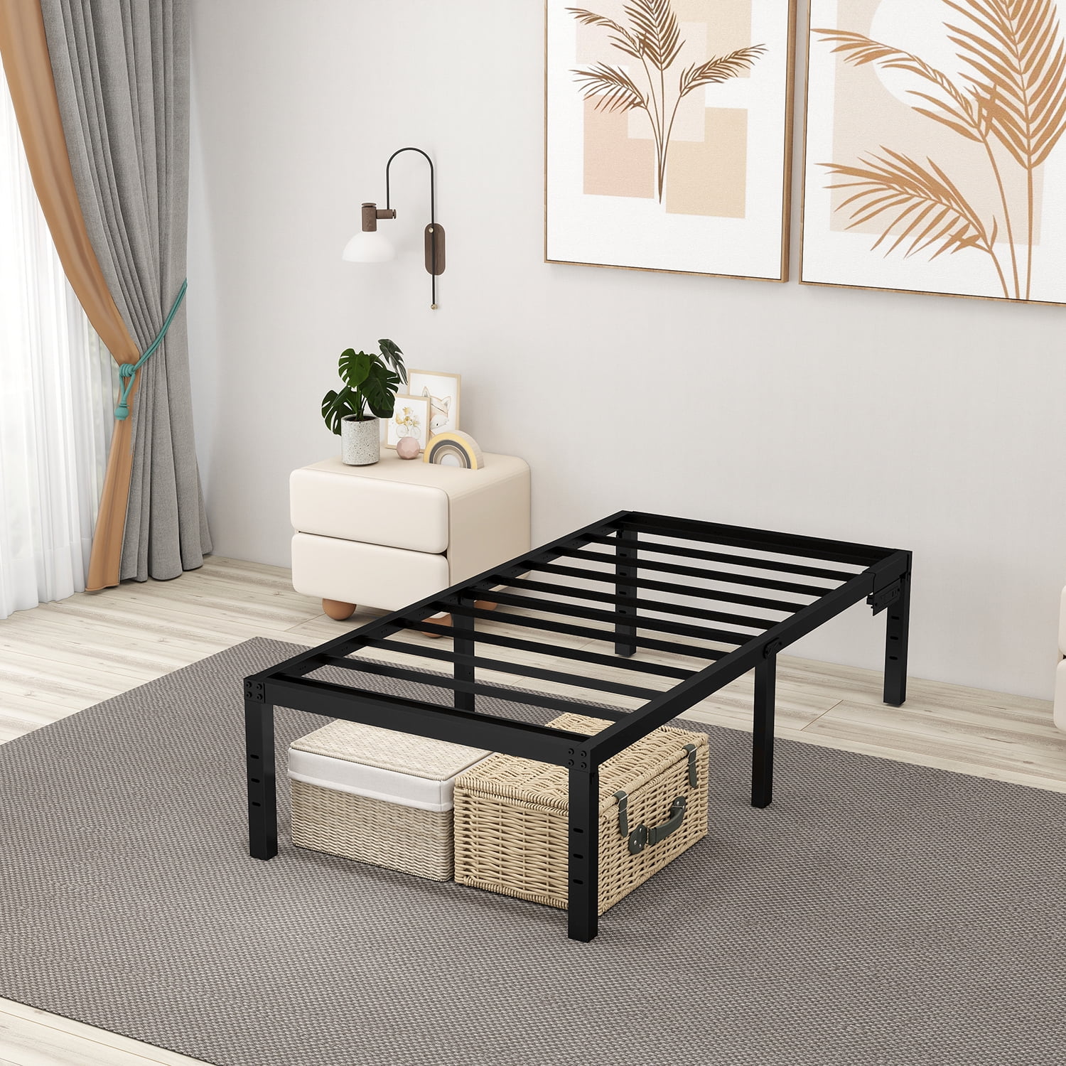 Twin Bed Frames 14 Inch Twin Platform Bed Frame with Large Storage Space,Black Bed Frame Twin Size Heavy Duty Metal Mattress Foundation,Corner Bed