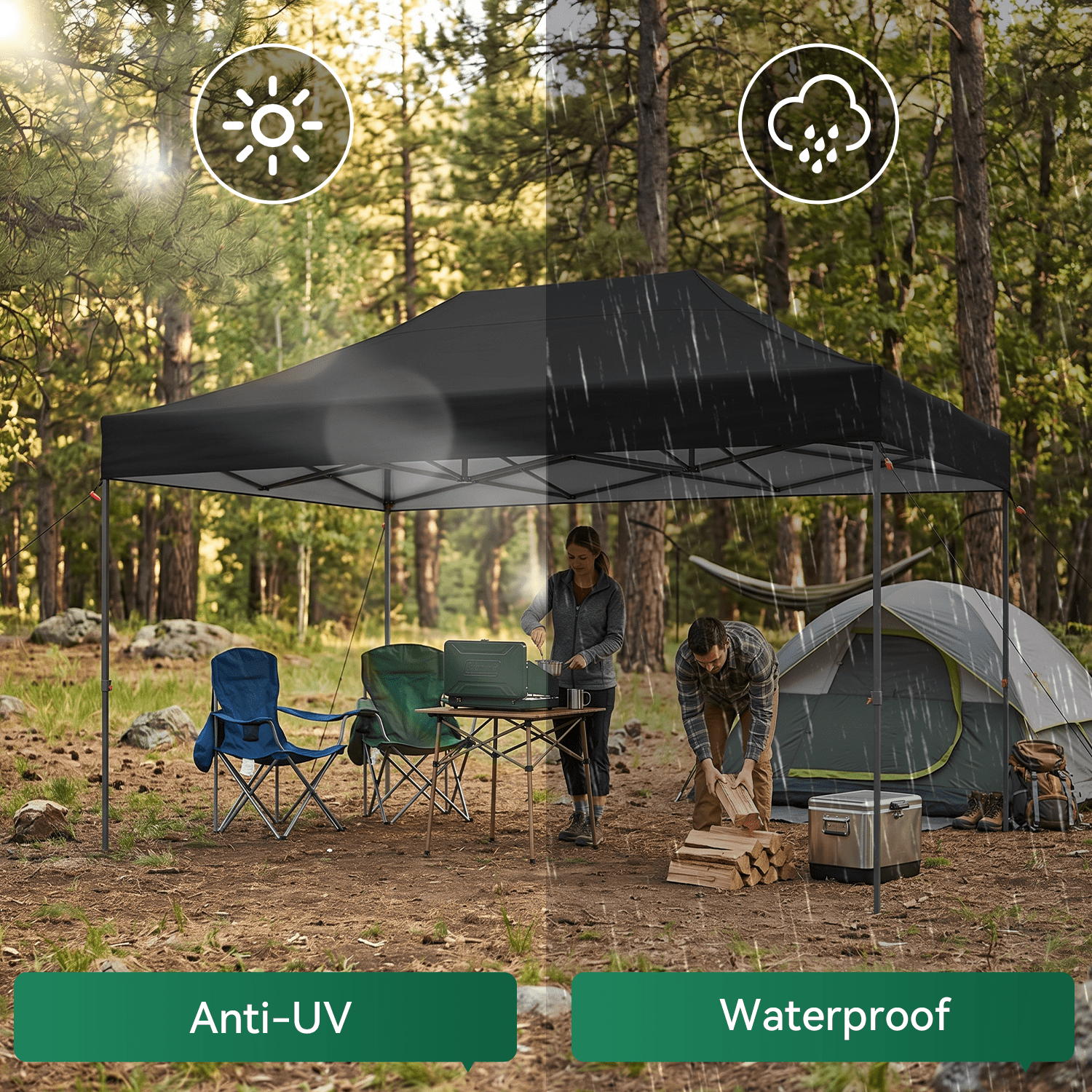 Dateyes 10x15FT Pop Up Canopy, Outdoor Canopy Tent with Carry Bag, Easy Setup Portable Instant Canopy with 4 Sandbags and 8 Stakes for Outdoor Events, Commercial, Beach, Backyard, Lawn, Black