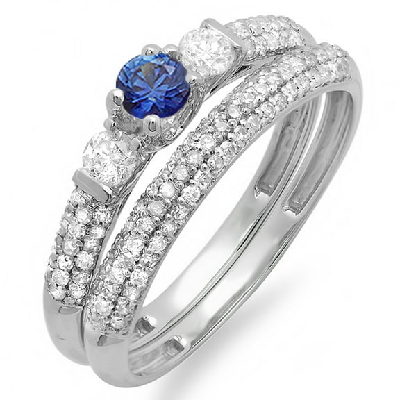 Dazzlingrock Collection 10K Round Blue Sapphire & White Diamond 3 Stone Ladies Bridal Engagement Ring Set, White Gold, Size 6