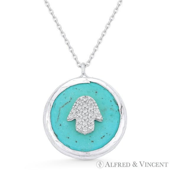 Hamsa Hand CZ Charm on Faux Turquoise Circle Pendant & Chain in .925 Sterling Silver