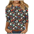 thumbnail image 2 of HOMBOM Crew Neck Women Blouses Fall 3/4 Sleeve Floral Holiday Prints Loose Graphic T-Shirts, 2 of 5