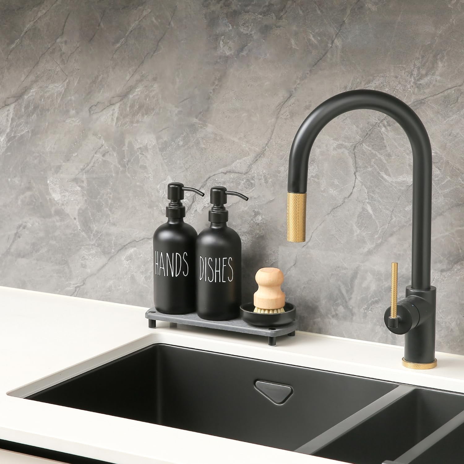 Matte Black Soap Dispenser Set Comes with Stainless Steel Pumps, Instant Dry Tray, and Dish Scrub Brush, Suitable for Matte Black Kitchen Accessories. (Black)