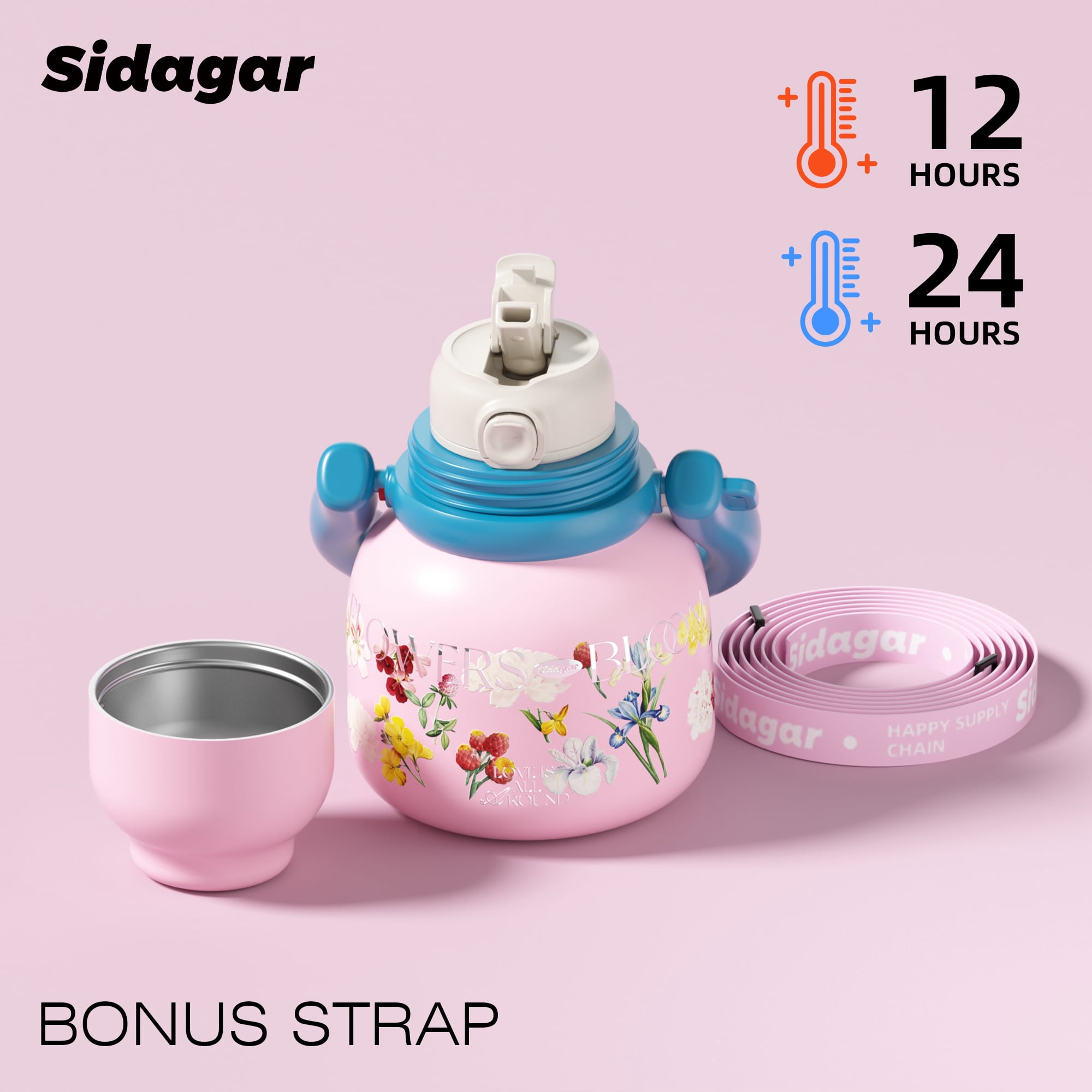 Sidagar 22 oz Foral Pink Stainless Steel Vacuum Insulated Water Bottle