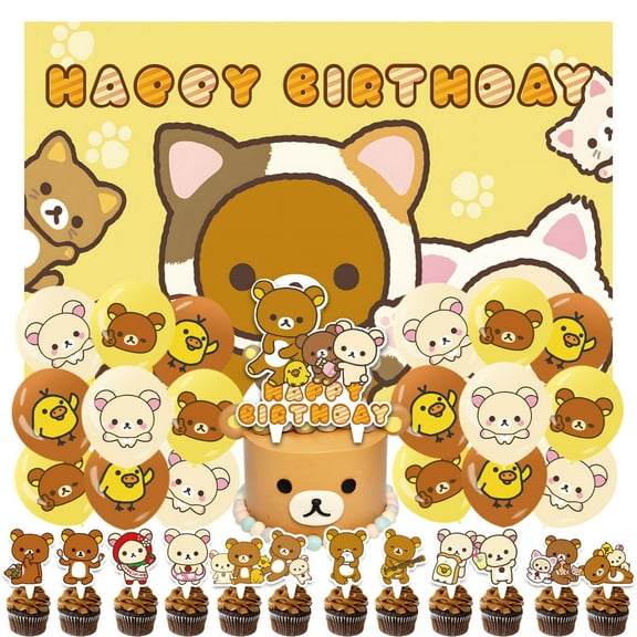 32 Pcs For Rilakkuma Theme Birthday Party Supplies Party Favor Set,With 13 Cupcake Toppers,18 Balloons,5*3ft Birthday Backdrop Decorations, All in One Party Supply Set