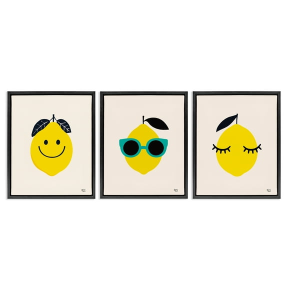 Stupell Industries Hip Summer Lemon Faces Food & Beverage Painting Black Floater Framed Canvas Art Print Wall Art, 17 x 21, Set of 3