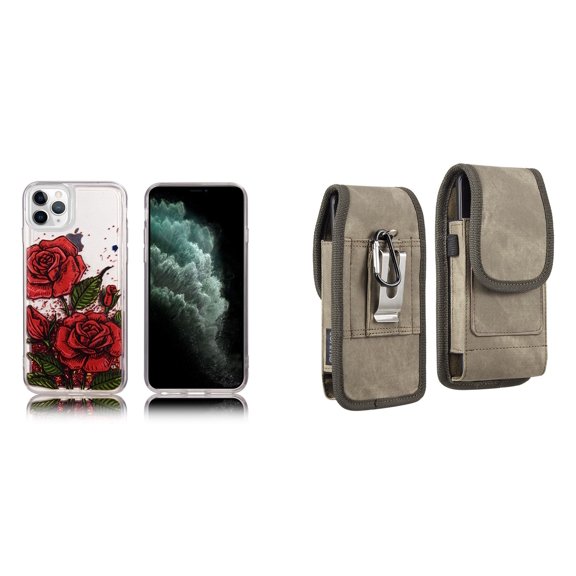 Liquid Glitter Case for iPhone 14 Pro Max and Belt Holster Pouch (Red Rose/Brown)