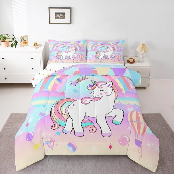 juegos de cama para niñas Kawaii Rainbow Unicorn Juego de edredón Unicorn Dormitorio