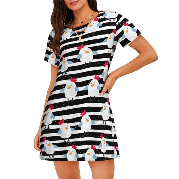 Balery Cute Chicken Camisón de manga corta con cuello redondo para mujer, cómodo y elegante.