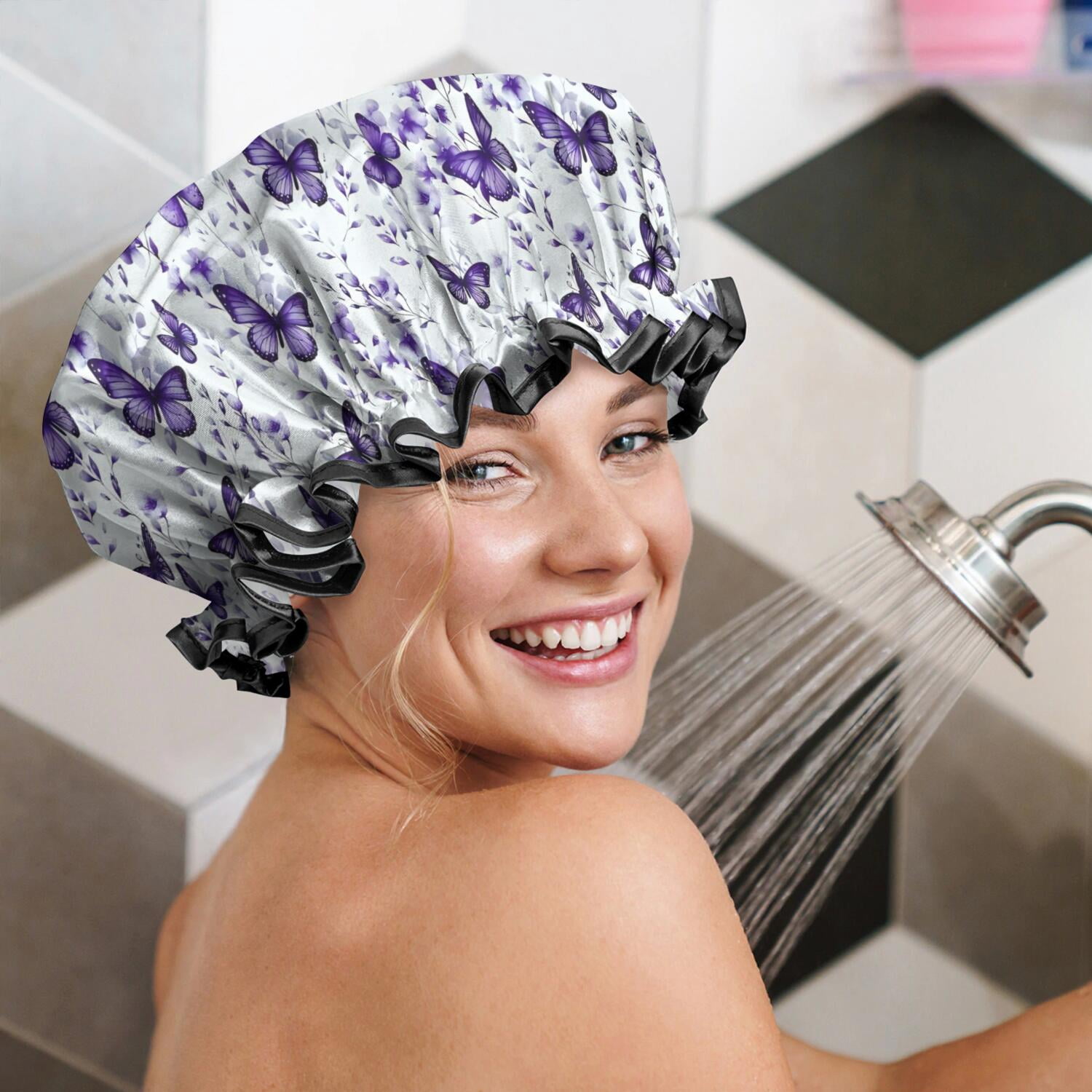 Shower Caps,White Purple Butterfly Plant Pattern Waterproof Shower Cap for Women 4 Pieces,Double Reusable Hair Cover for Shower PEVA Elastic Stretch Hem