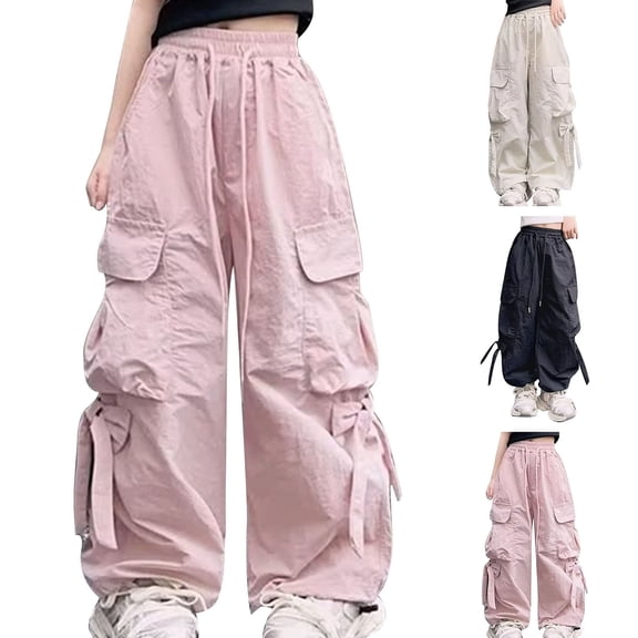 UACY Girls Cargo Pants Wide Leg Cute Cargo Pants with Bow Decor Multi Pockets, Drawstring Elastic Waist Loose Fit Casual Pants for Girls Daily Wear