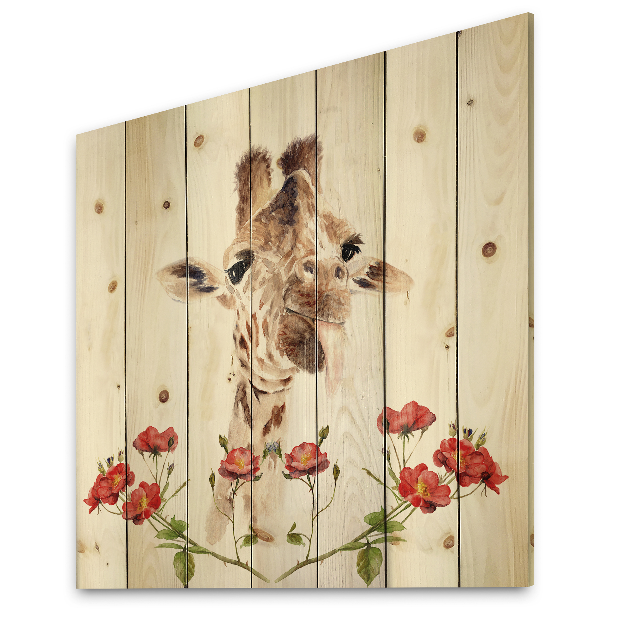 Designart 'Portrait of A Giraffe With Red Flowers I' Farmhouse Print on Natural Pine Wood