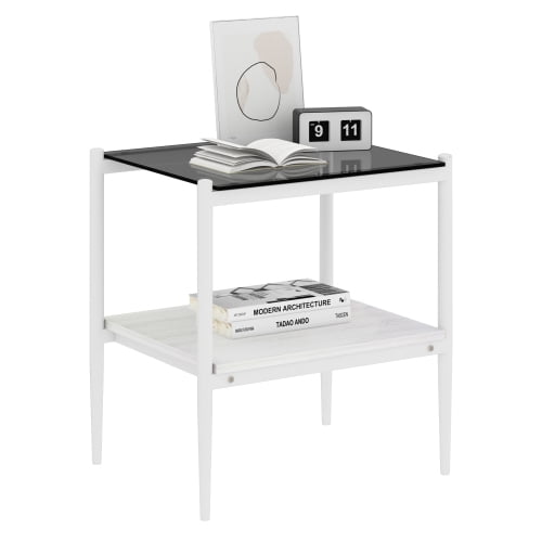 MOONMISS 2 Pack Rectangle End Table, Tempered Glass Top Side Table with MDF Frame, Modern Transparent Glass Accent Table for Living Room, Bedroom, Home Decor, White/Black