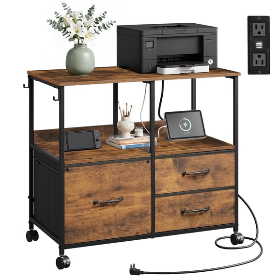 GALAXHERO 3 Drawer File Cabinet with Charging Station, Mobile Filing Cabinet & Printer Stand with Storage Shelf for Home Office, Fit Letter/A4, Rustic Brown