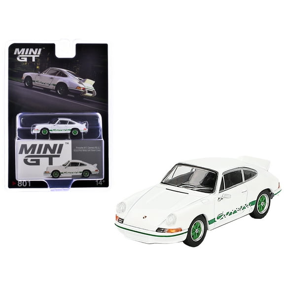Porsche 911 Carrera RS 2.7 Grand Prix White with Green Stripes and Wheels Limited Edition 1/64 Diecast Model Car by Mini GT