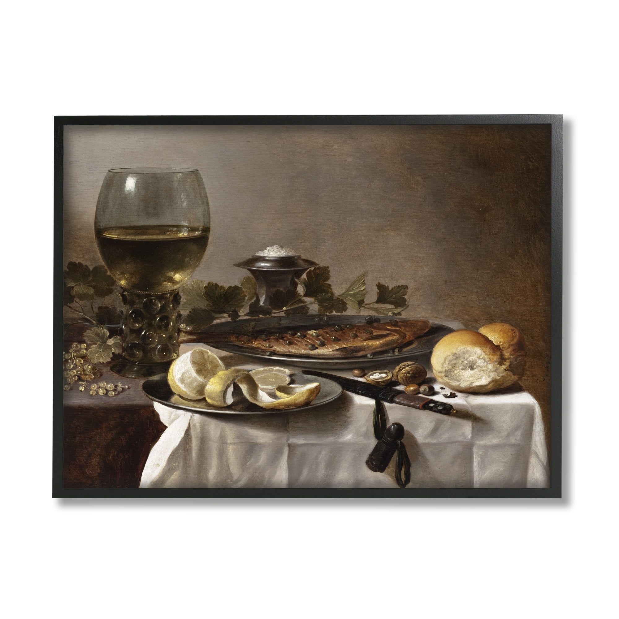 Stupell Industries Still Life with Herring Wine and Bread Pieter Claesz Painting Painting Black Framed Art Print Wall Art, Design by one1000paintings