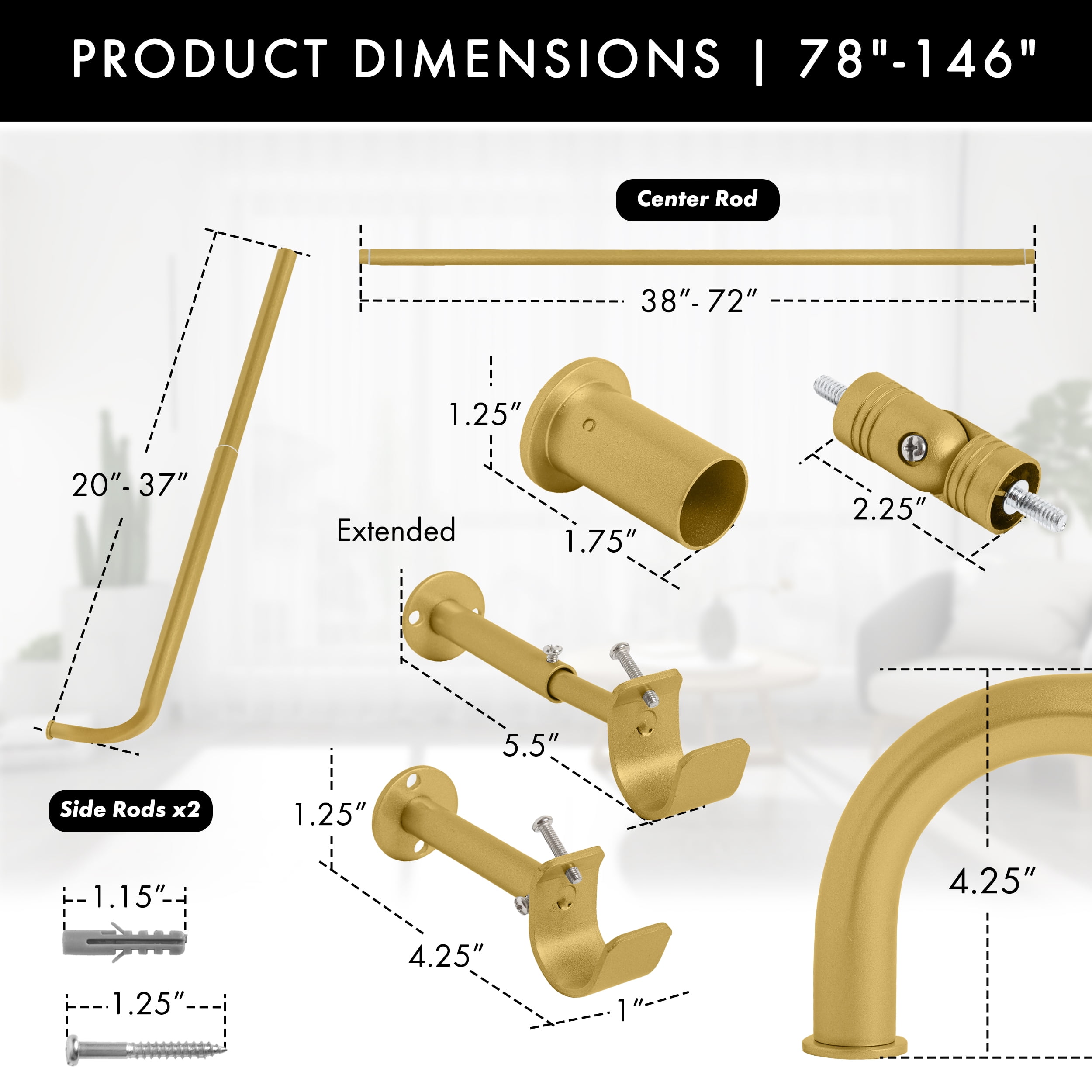 MERIVILLE 1" Bay Window Curtain Rod Set, Adjustable Side 20–37" and Center 38–72", Single Rod, Gold