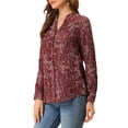 thumbnail image 5 of INSPIRE CHIC Women's Button Down V Neck Long Sleeve Floral Blouse XS Burgundy, 5 of 9
