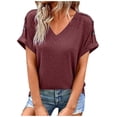 thumbnail image 1 of T-shirts pour Femmes Col en V Boutonné Manches Courtes Décontracté Mode devant T-Shirts Femmes Rouge TTTG, 1 of 4