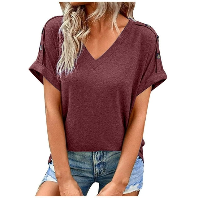 T-shirts pour Femmes Col en V Boutonné Manches Courtes Décontracté Mode devant T-Shirts Femmes Rouge TTTG