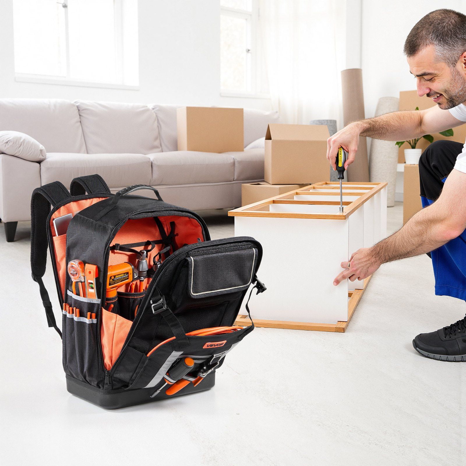 Tool Backpack with 56 Pockets and Splash-Resistant 1680D Nylon, Jobsite Tool Bag with Stable PVC Base, Padded Straps, Lock, and Charging Port for Electricians, Plumbers, and Heavy-Duty Outdoor Work