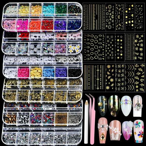 Nail Charms, Nail Gems with 15 Sheets Gold Nail Stickers, 6 Boxes of Rhinestones for Nails Art Tools, 3D Nail Decals Pearls for Nails