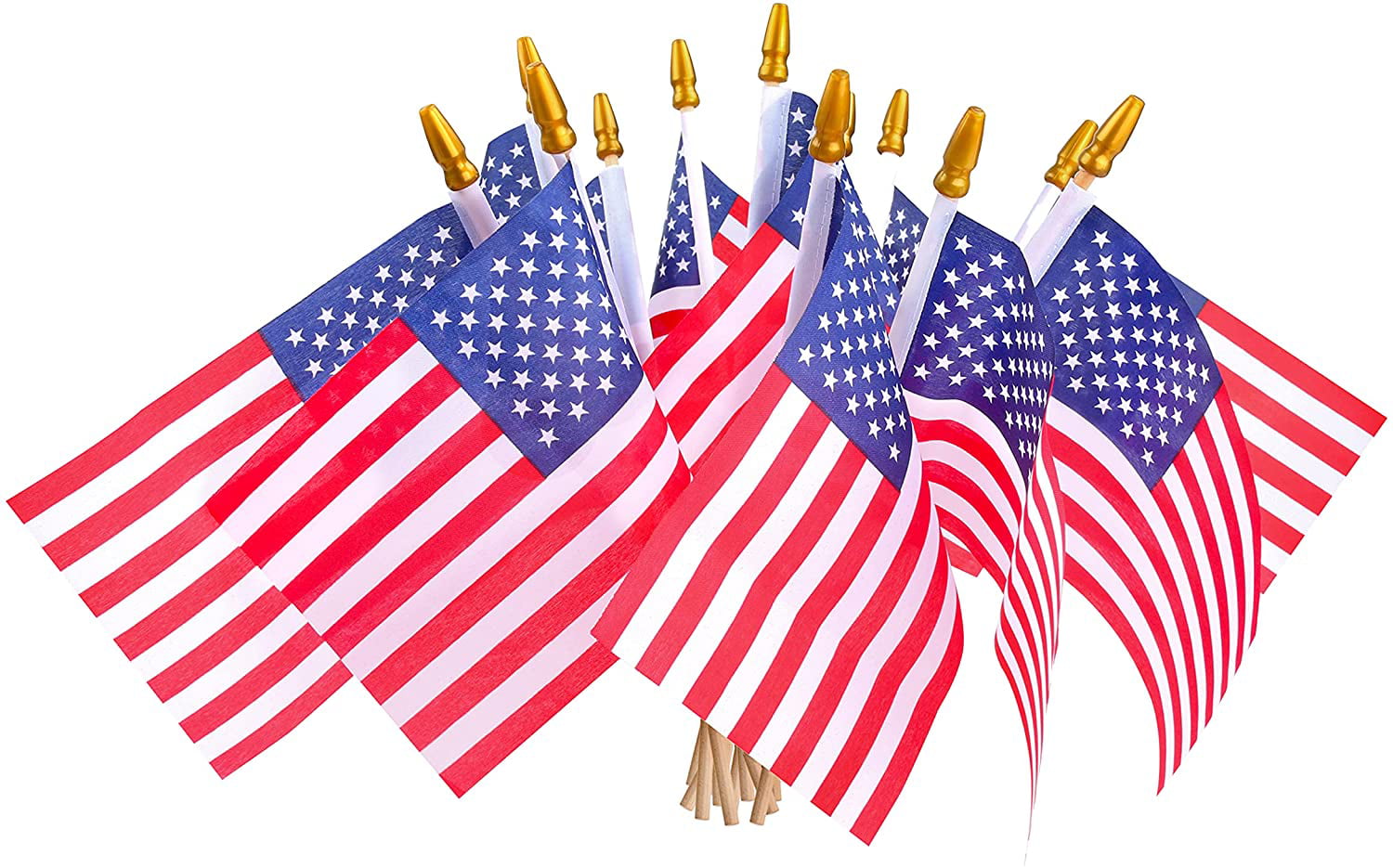 12 Pcs USA 4x6 Wooden Stick Flag,July 4th Decoration Mini American Stick Flag American Hand Held Stick Flags with Safety Golden Spear Top Veteran Party 