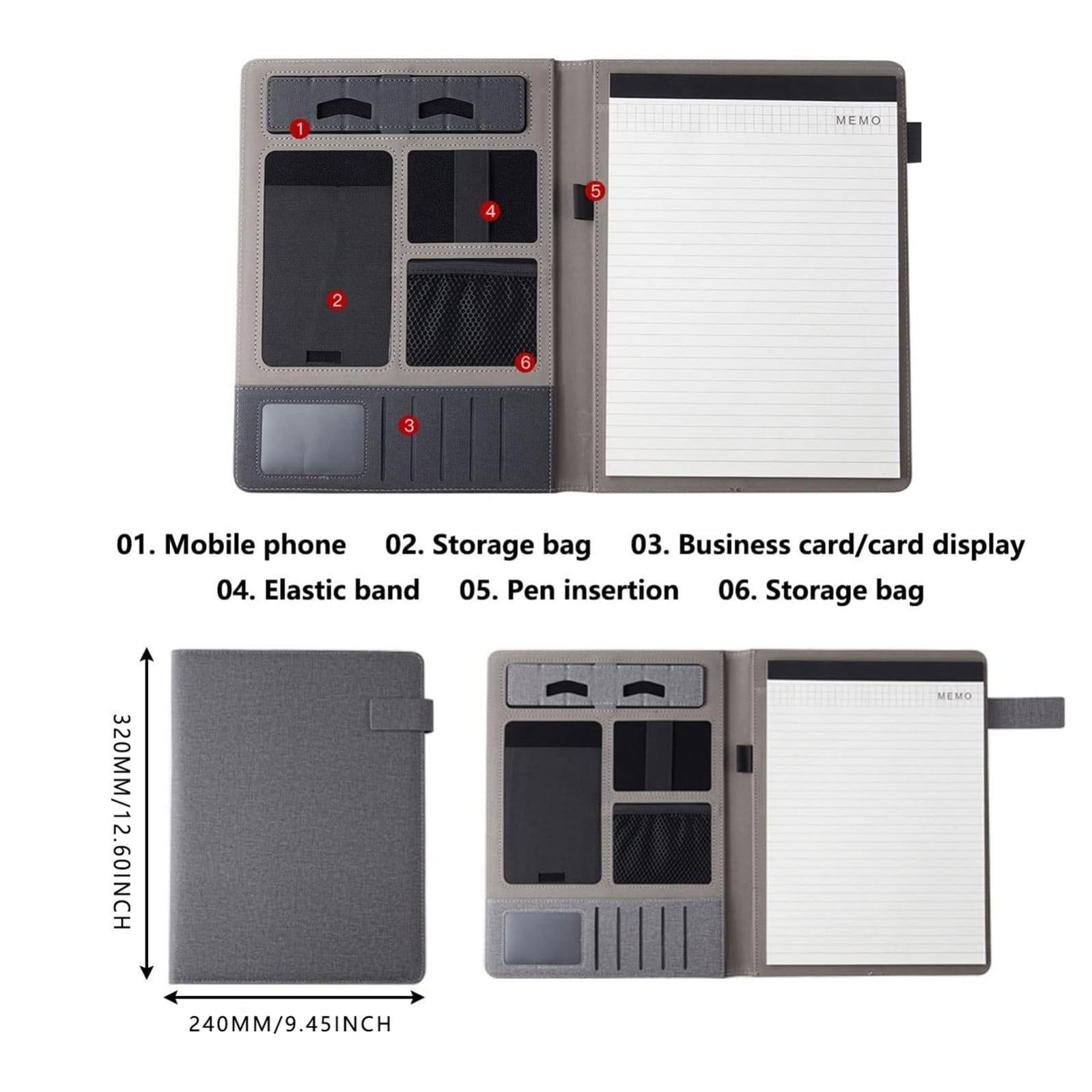 HandyHome Clasp Portfolio Folder, Multifunctional Organizer Including Phone Stand, Multiple Pockets, Pen Holder, Card Slots&Anti-Slip Elastic Band for Office Meetings, Teaching Training