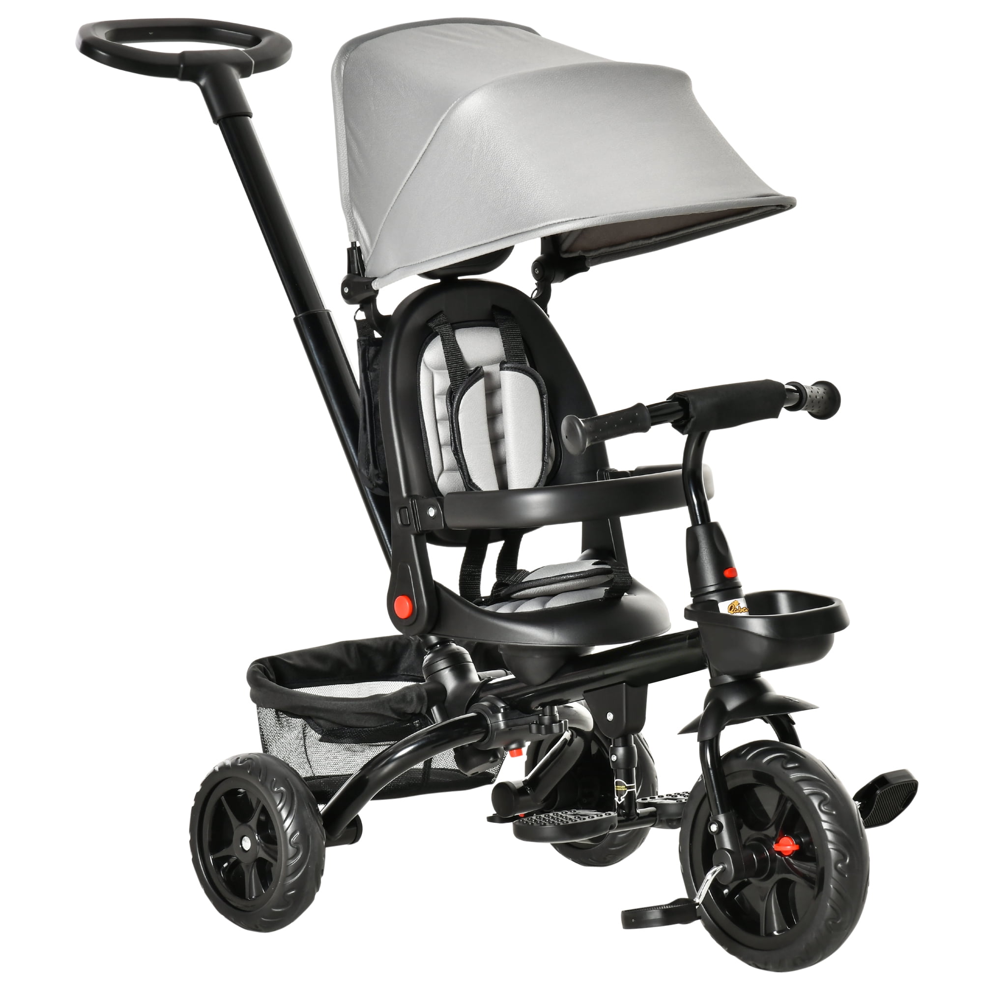 Qaba 5-in-1 Foldable Kids Trike w/ Reversible Seat & Canopy - Adjustable Handle, Safety Harness, EVA Tires - Toddler Tricycle for 1-5 Year Olds, Grey