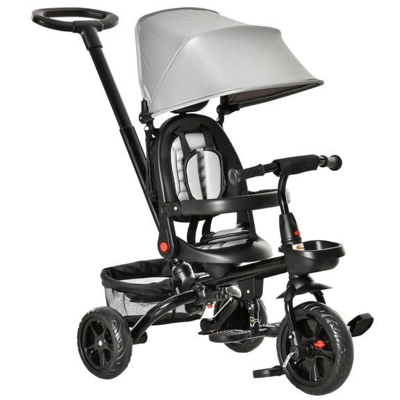 Qaba 5-in-1 Foldable Kids Trike w/ Reversible Seat & Canopy - Adjustable Handle, Safety Harness, EVA Tires - Toddler Tricycle for 1-5 Year Olds, Grey