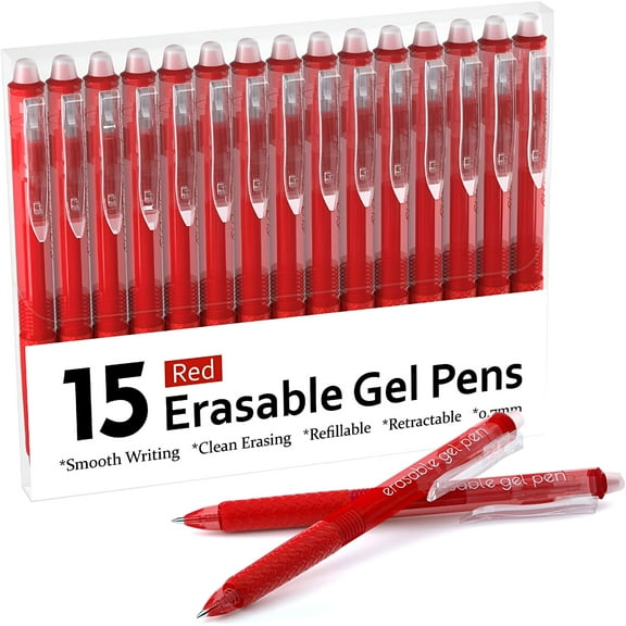 CCOCC Erasable Gel Pens,15 Pack Red Retractable Erasable Pens Clicker,Fine Point,Make Mistakes Disappear,Red Ink for Writing Planner and Crossword Puzzles